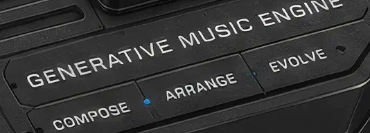 Engraved chassis plate reading Generative Music Engine — Compose, Arrange, Evolve