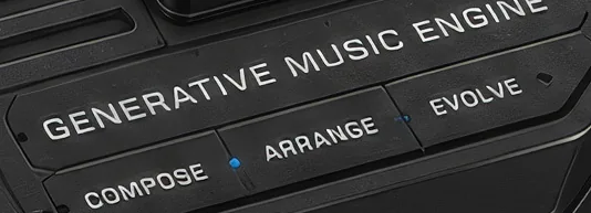 Engraved chassis plate reading Generative Music Engine — Compose, Arrange, Evolve