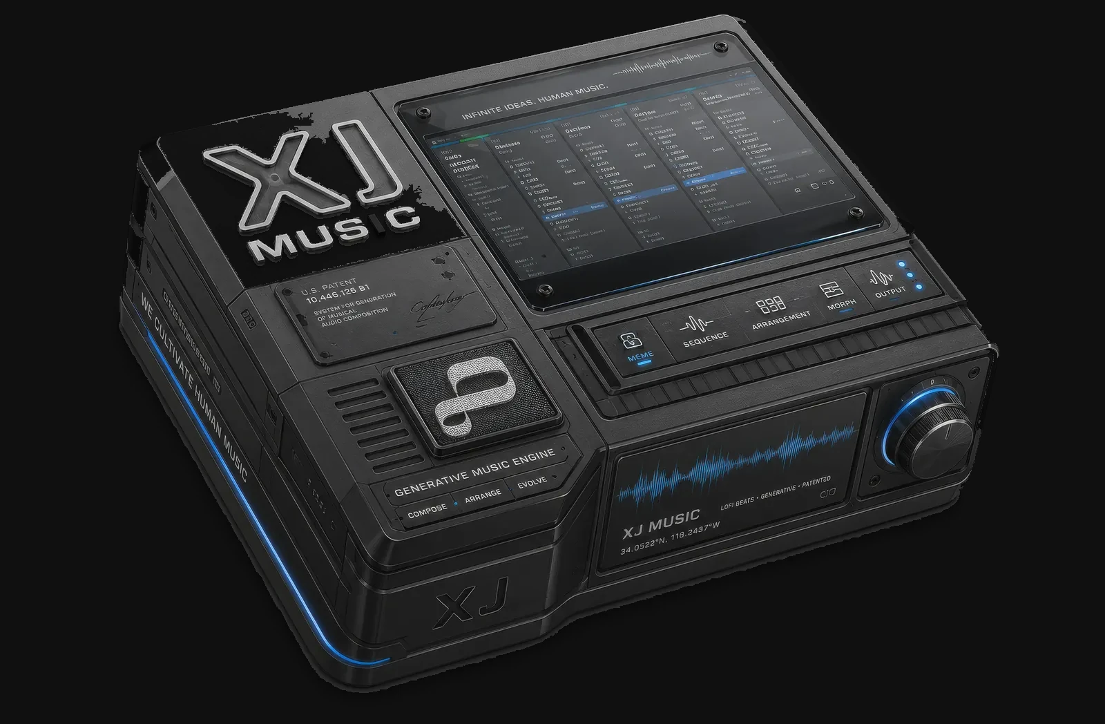 The XJ generative music engine — a patented machine that composes, arranges, and evolves continuous human music
